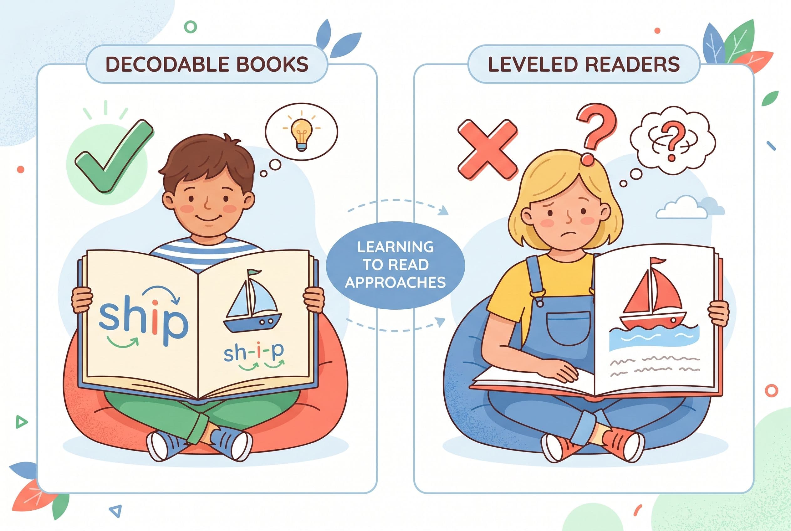 A friendly, clean editorial illustration showing the concept of decodable books vs. leveled readers side by side. On the left