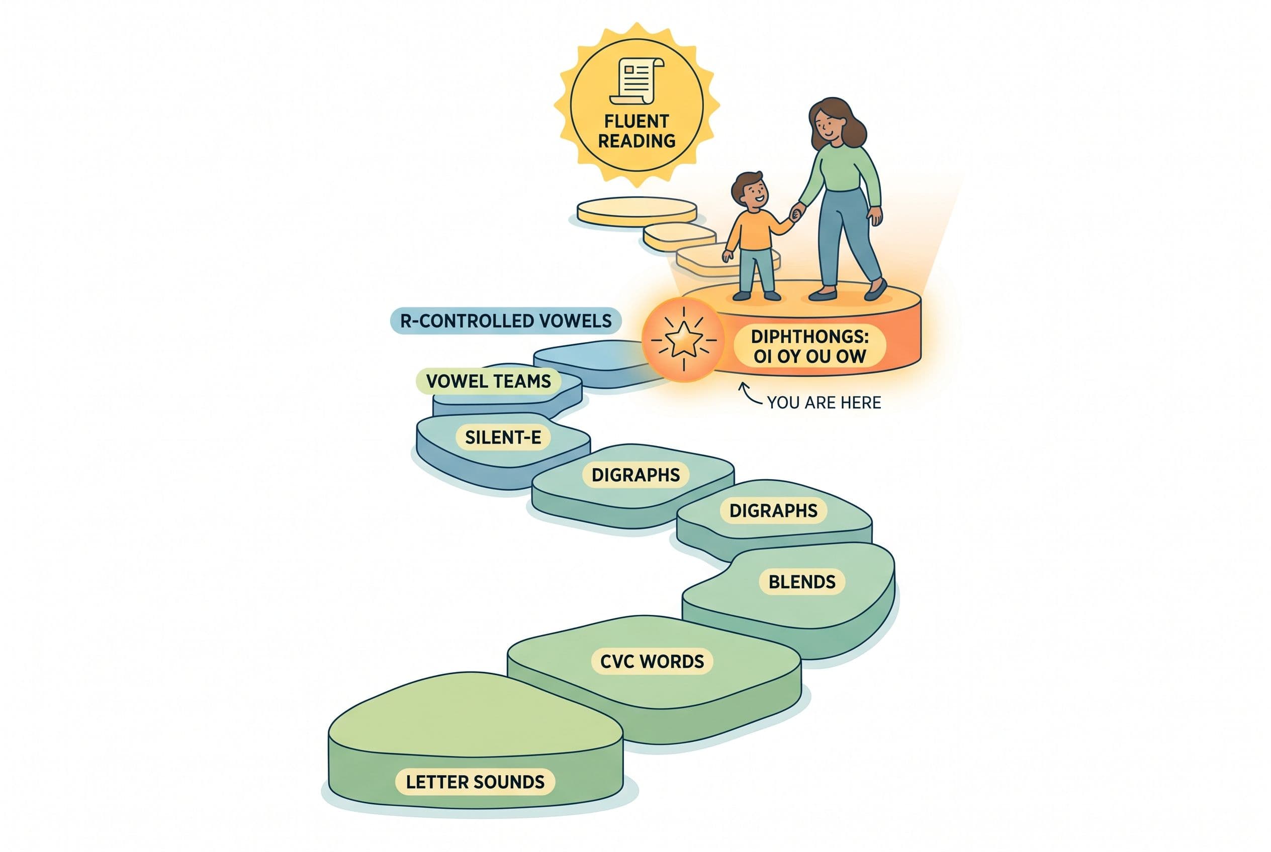 A friendly, clean editorial illustration depicting a winding phonics progression path going upward like a gentle staircase or