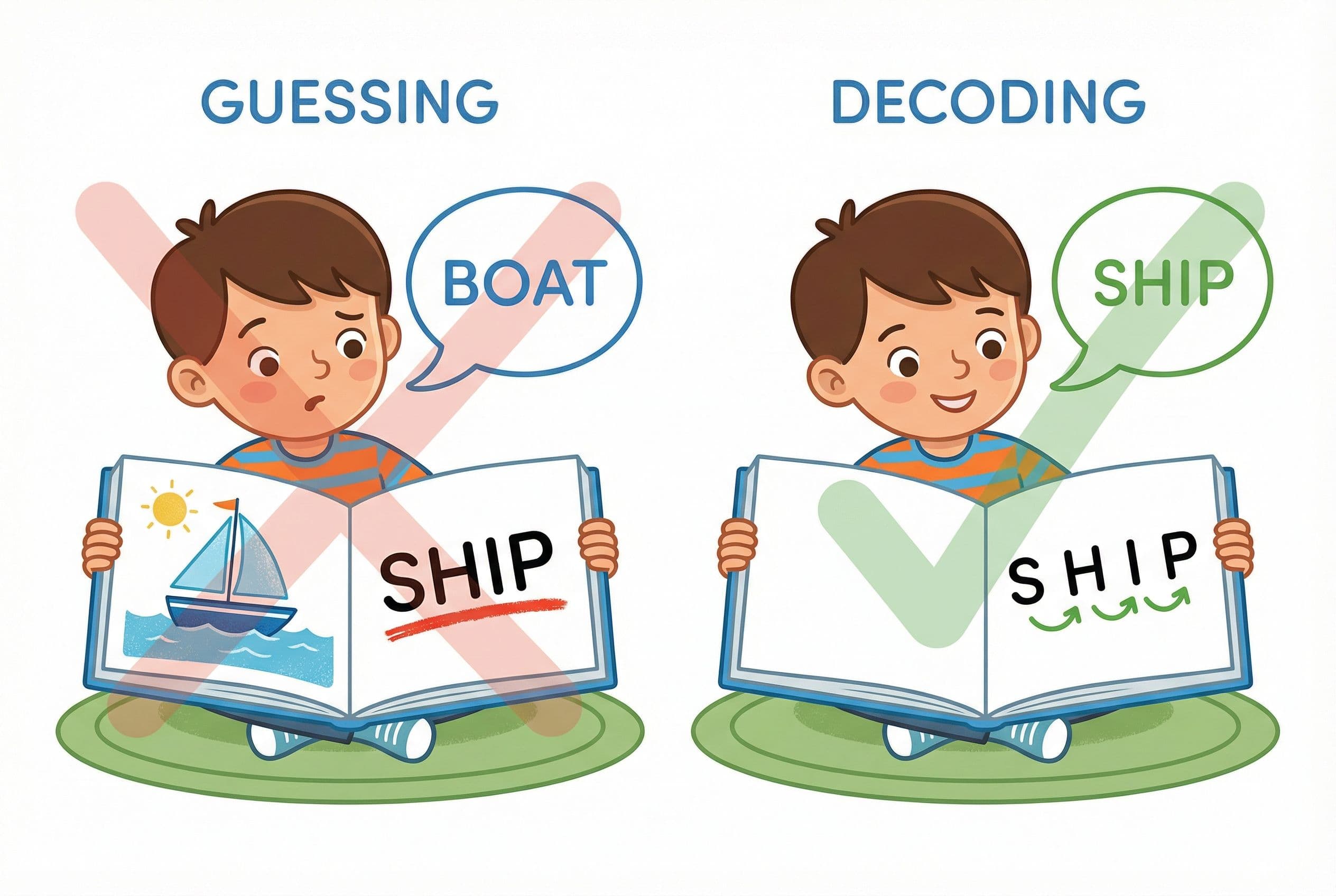 A friendly editorial illustration showing two side-by-side scenes of a child reading. On the left, labeled 'Guessing,' an ill