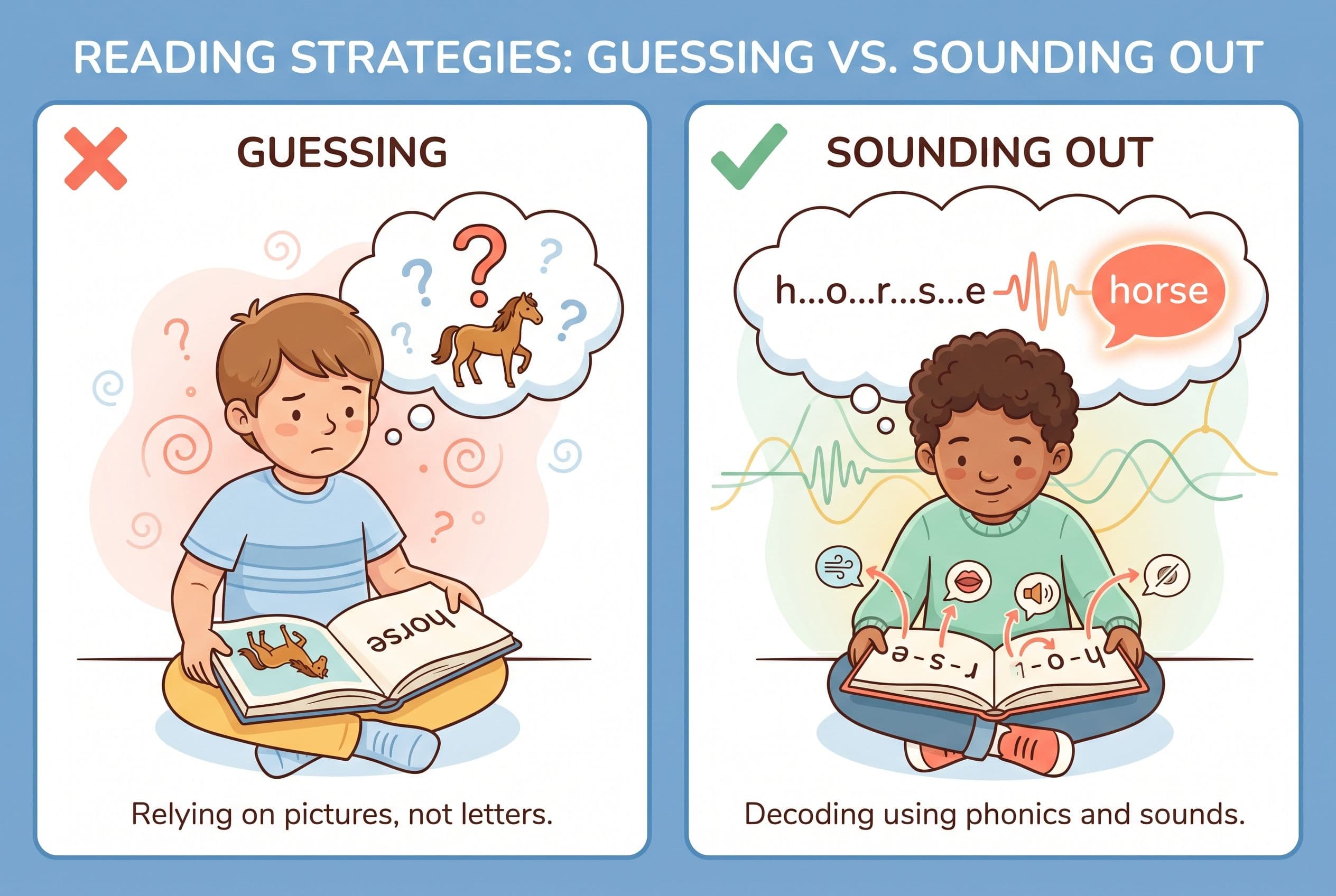 A friendly, clean editorial illustration showing the concept of 'guessing vs. sounding out.' Split into two panels side by si