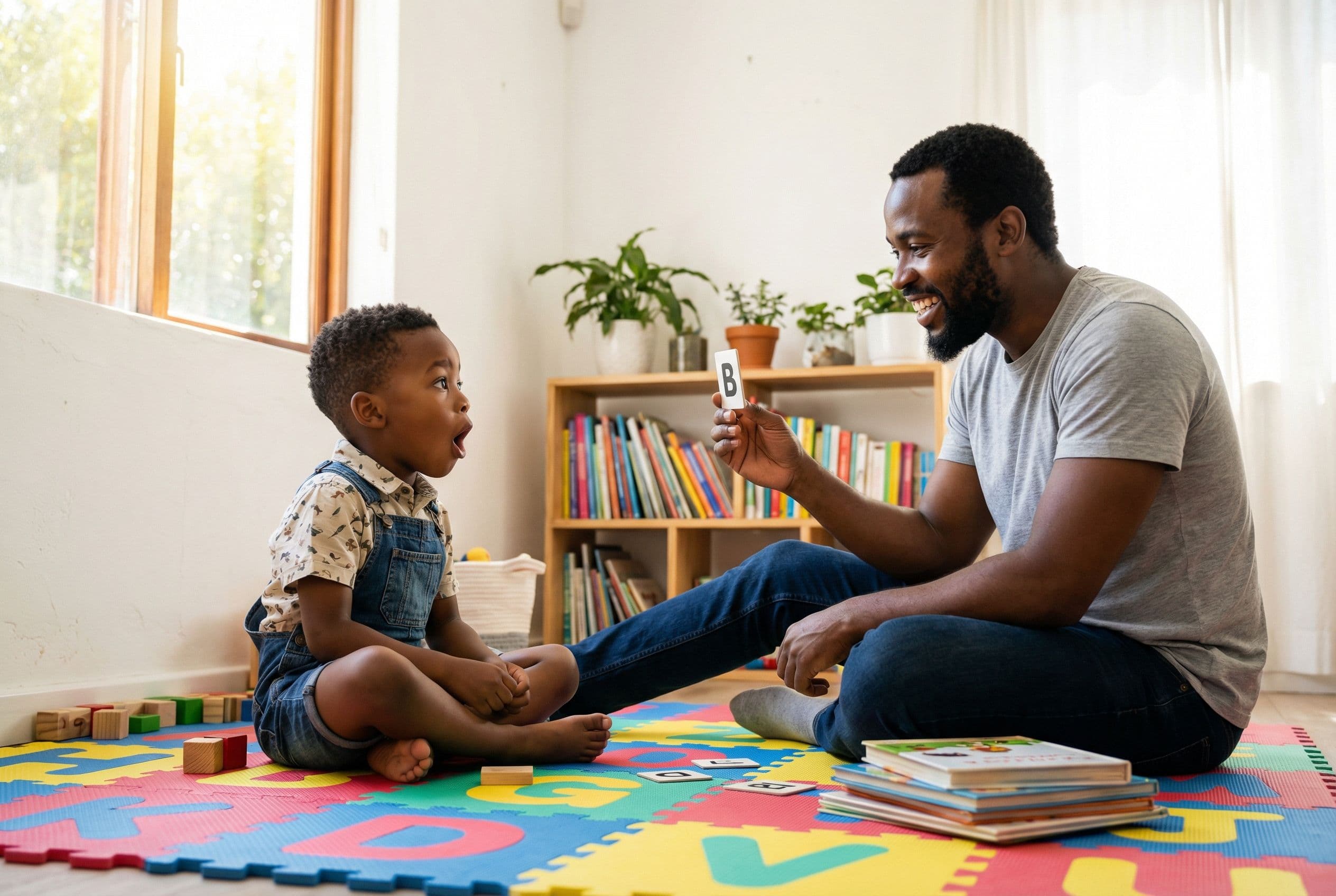 A young Black boy around age 5 sitting cross-legged on a colorful foam alphabet play mat in a sunny living room, mouth wide o