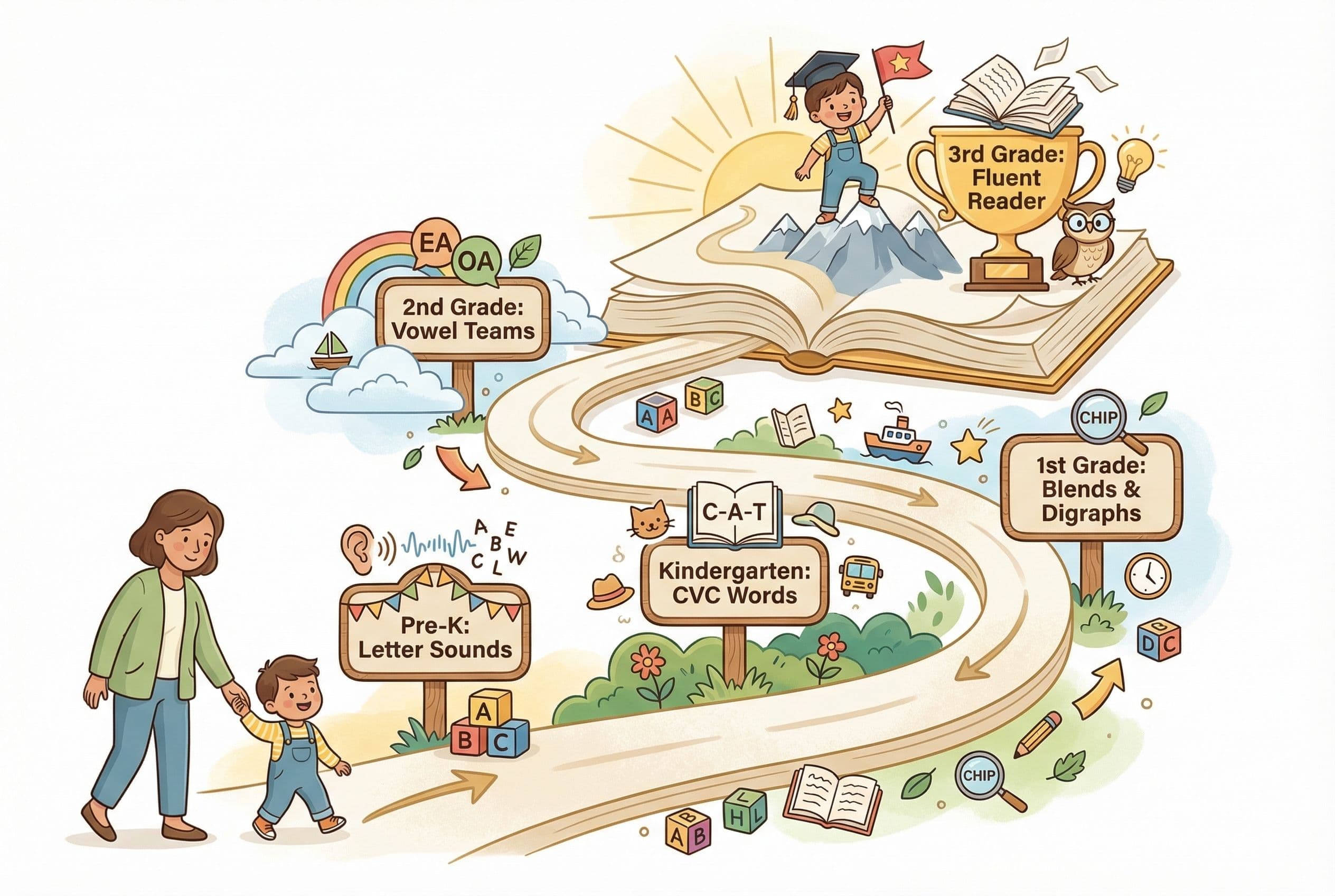 A friendly editorial illustration showing a winding path shaped like an open book, with milestone markers along the route for