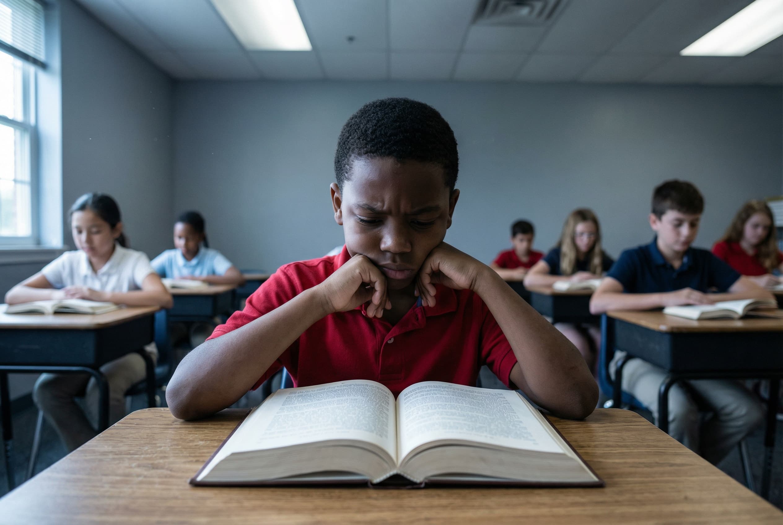A young Black boy around age 8 sitting alone at a classroom desk, staring at an open chapter book with a furrowed brow and a