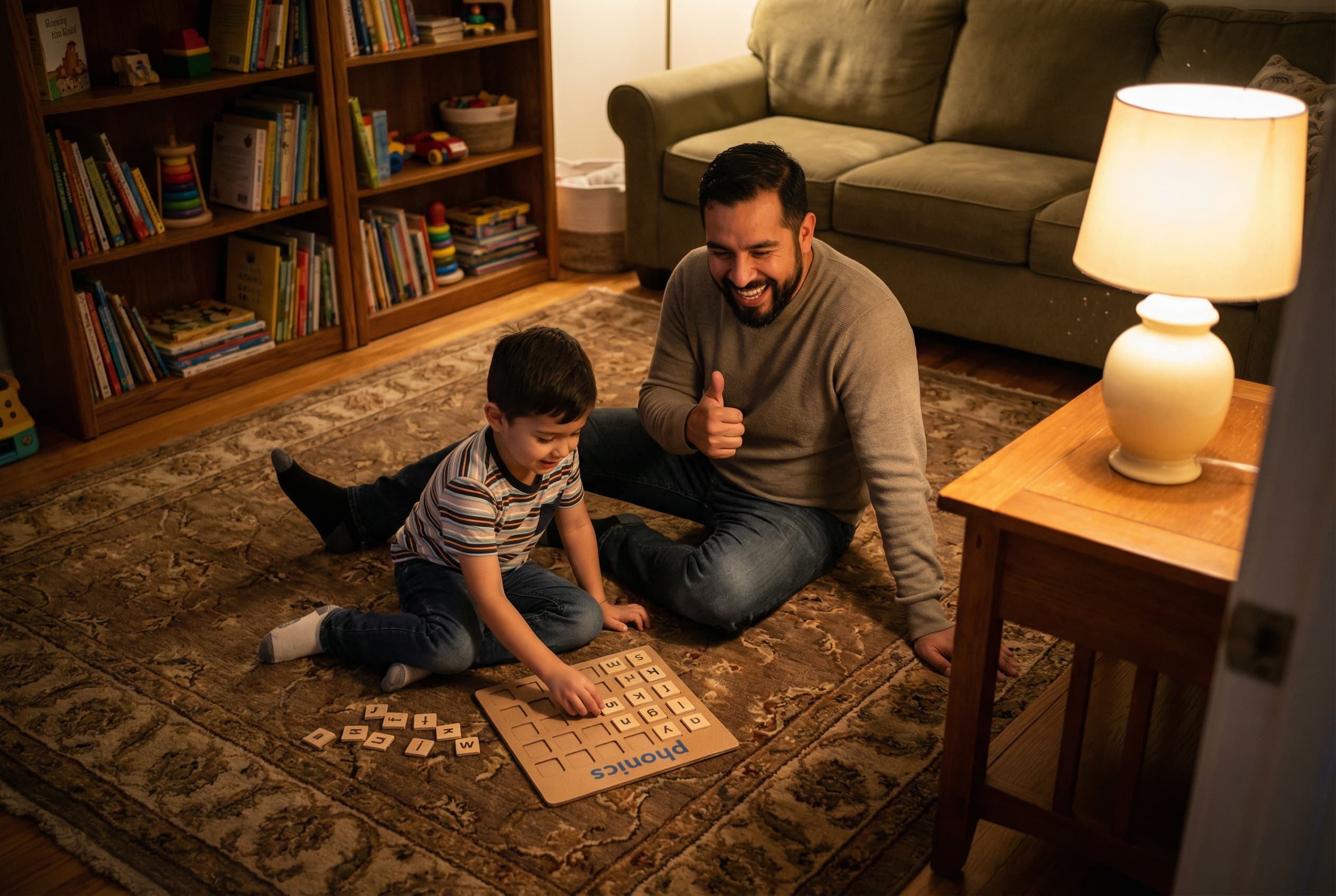 A Hispanic mother in his early 30s and his 5-year-old son sitting together on a worn living room rug, surrounded by letter ti