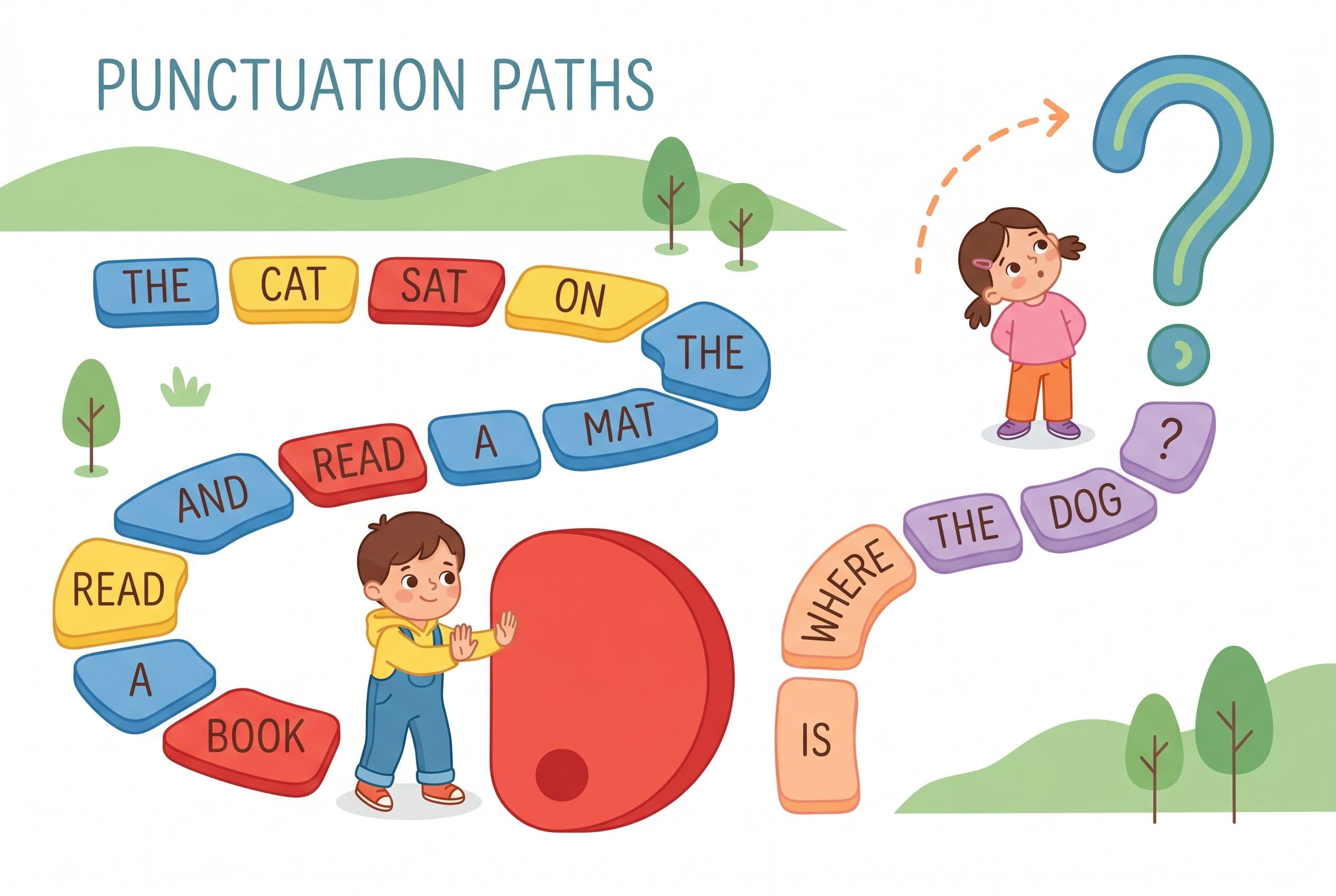 A friendly editorial-style illustration showing a simple sentence — a child figure reading a path of words that forms a sente