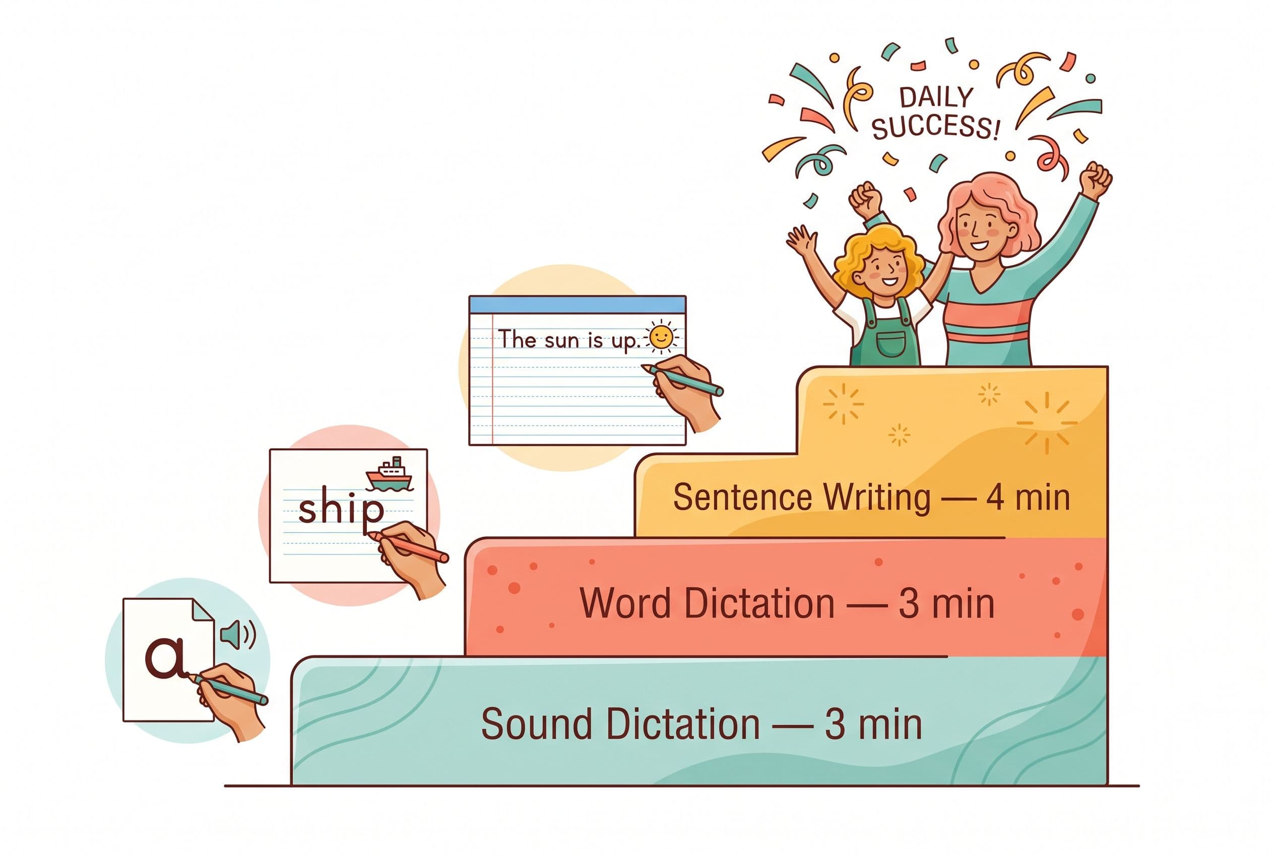 A friendly, clean editorial illustration showing a 10-minute daily writing-for-reading routine as three ascending steps on a